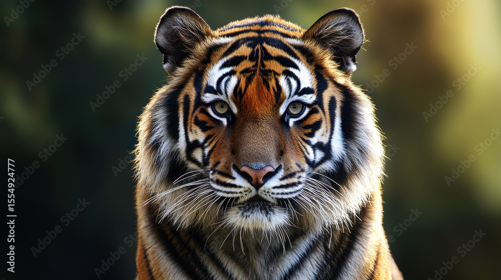 Fototapeta premium Close-up portrait of a majestic tiger with piercing eyes and vibrant orange black striped fur in natural habitat