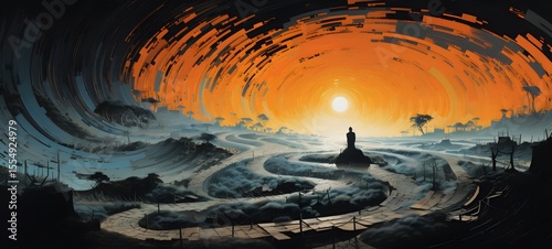 pop surreal unreal silhouettes spiral towards grass, ai generatif