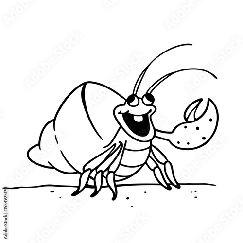 Cute cartoon hermit crab with a big smile and shell silhouette