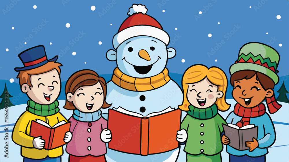 Fototapeta premium People Singing Christmas Carols Snowman.