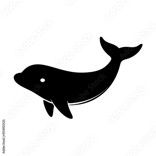 Stylized black silhouette of a dolphin with a white eye and flippers