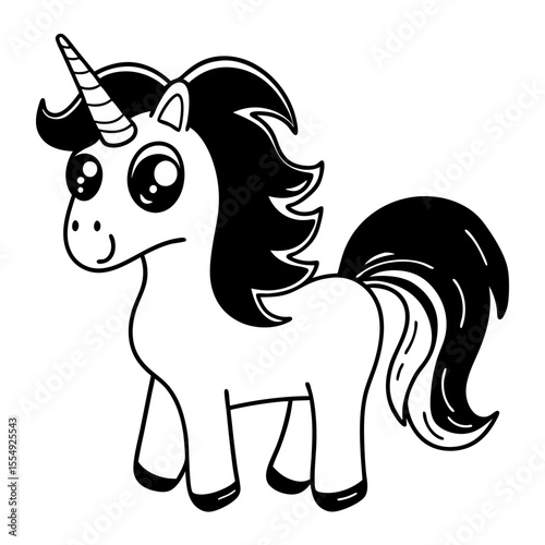 Cute cartoon unicorn with big eyes and flowing mane and tail silhouette