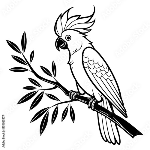 Stylized black and white cockatoo perched on a branch with leaves silhouette