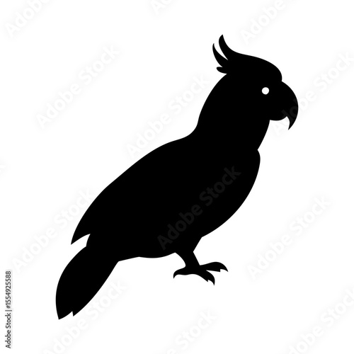 A black silhouette of a cockatoo parrot with a crest and a single eye