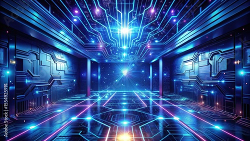 Futuristic digital corridor with glowing circuit board walls and illuminated floor, showcasing a vibrant, modern technological environment