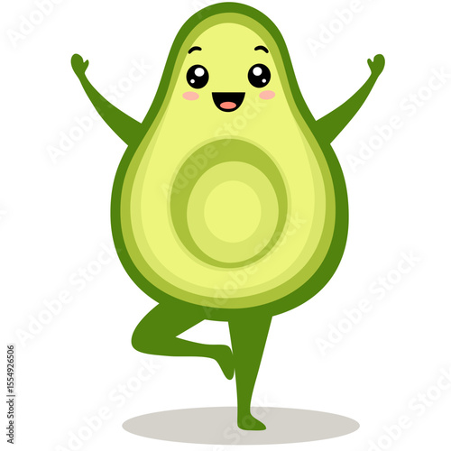 Avocado yoga. Avocado character design on white background. Morning exercises for children. Cute vector illustration for greeting cards, stickers, fabric, websites and prints.