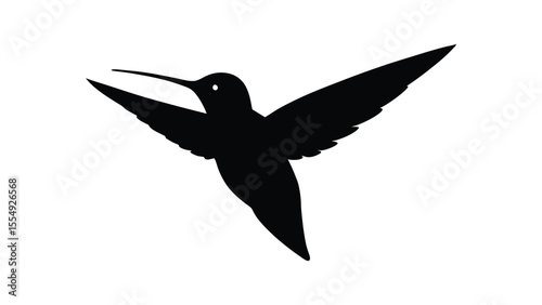 tiny hummingbird silhouette in mid flight on white background.