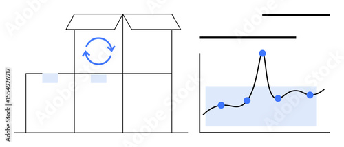 Open box with recycling icon and stacked boxes next to line graph highlighting trends with data points. Ideal for logistics, supply chain, inventory, analysis, trends, sustainability, growth. Flat