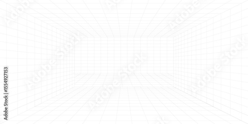 Futuristic perspective grid box. Abstract wireframe with white grid line on black background. Virtual reality landscape in 80s 90s digital style. Vector