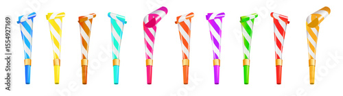 Color Party Blower Whistles Set of Celebration Happy Party. Realistic Detailed 3d. Vector