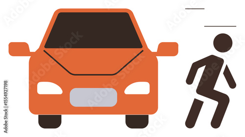 Front view of orange car and stick figure pedestrian running, emphasizing speed, danger, and safety measures. Ideal for traffic safety, caution, road awareness, prevention, public campaigns