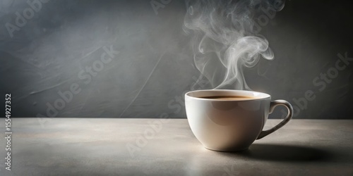 Aromatic steam rising from a warm beverage in a simple white mug, resting on a smooth gray surface against a dark backdrop.