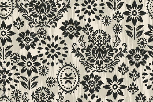 Ethnic Ikat Floral Damask Pattern with Embroidery Style in Traditional Seamless Fabric Design, Abstract Ornamental Illustration for Clothing Texture and Decorative Textile Background.