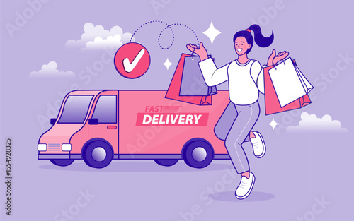 E-commerce advertising illustration. fast online delivery service. Hands holding a package box with groceries out of mobile screen. Food delivery.