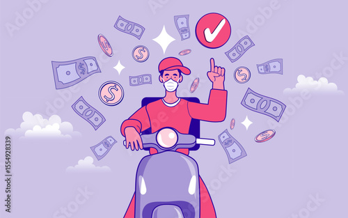 E-commerce advertising illustration. fast online delivery service. Hands holding a package box with groceries out of mobile screen. Food delivery.