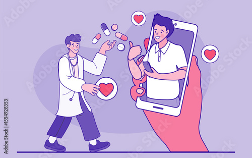 Doctor giving advice to patient through smartphone. Online doctor concept. Telemedicine and online healthcare. Personal doctor giving advice for patient landing page website. illustration vector flat.