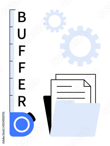 Buffer gauge, document folder, and gears representing task prioritization, file management, and work efficiency. Ideal for productivity, organization, planning, data management workflow