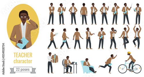 Stylish black african american man teacher poses vector illustration set. Cartoon executive adult male lector character posing in pointing, thinking, speaking on lecture presentation, gestures set