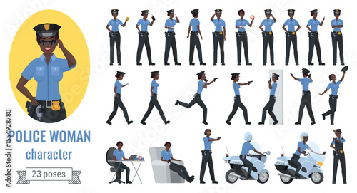 Police officer woman poses vector illustration set. Cartoon young black african american female character working different poses, gestures and actions, posing phone, gun, police motorcycle isolated