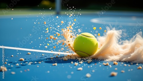 the main subject of the photograph is a bright yellow green ball impacting a court surface, upon impact, dust and debris explode outwards in a spray