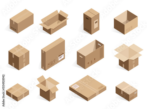 Isometric realistic cardboard delivery boxes. Opened, closed logistic box.