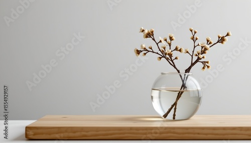 the image features a still life of two small, round, clear glass vessels standing on a light colored wooden surface, each vessel is partially filled with water