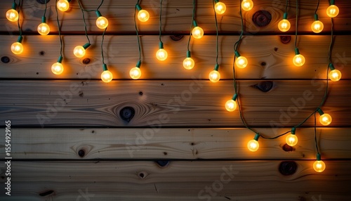 main subject: the primary focus is on strands of small, globe shaped lights, they are strung and draped against a wooden surface, creating a warm and inviting ambiance