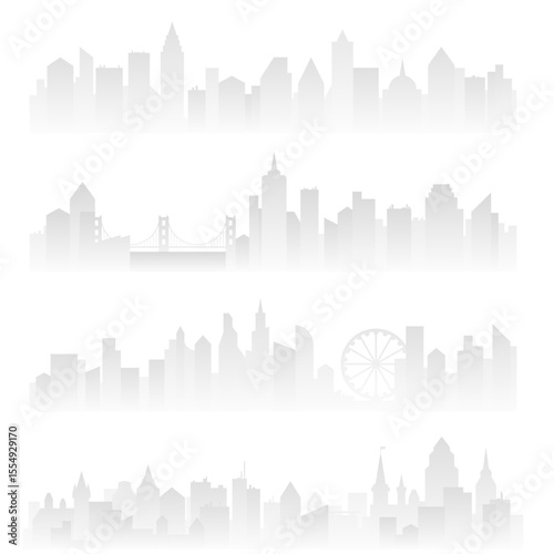 Set horizontal template banners of foggy urban city with skyscrapers in haze