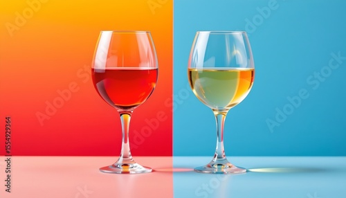 the image features two stemmed glasses, each containing liquid, the glass on the left holds a red liquid, while the glass on the right contains a light yellow liquid