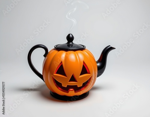 the image shows a whimsical halloween themed kettle with a design resembling a jack o lantern, the kettle features a carved face, typically associated with pumpkins