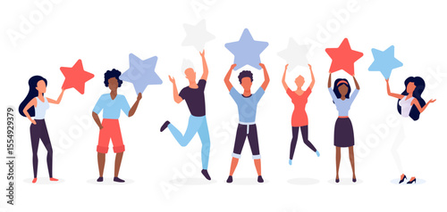 Group of diverse people holding large colorful stars representing customer feedback, rating, and review concepts for business, service, or product evaluation isolated on white background vector