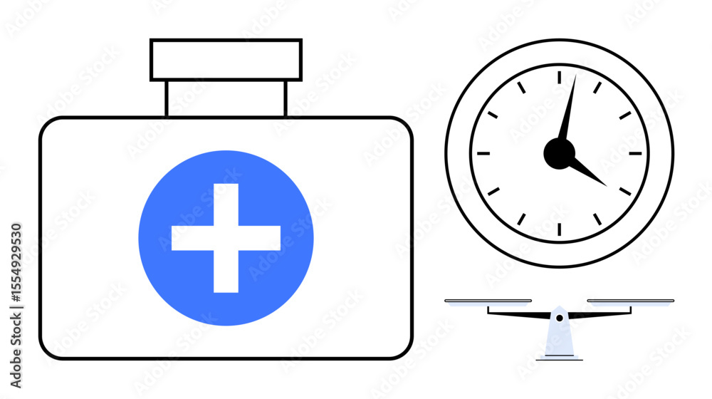 Obraz premium Medical kit with a blue cross, clock indicating time, and balance scale symbolizing health, time, and equilibrium. Ideal for healthcare, emergency, wellness, scheduling time management balance