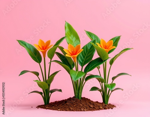 the image shows a pink background with a vibrant display of artificial tropical plants at the center