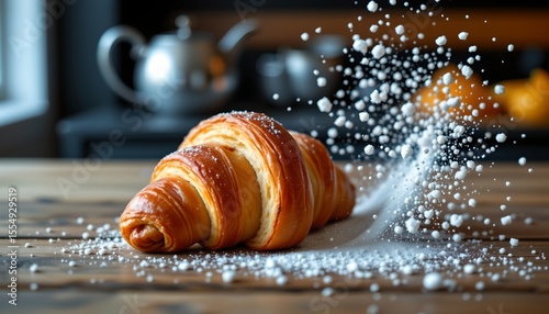 the image captures a moment of culinary delight, featuring a single croissant in its crispy, golden brown perfection, this flaky pastry, with its perfectly round shape