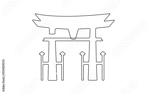 Itsukushima shrine continuous one line vector drawing. Great Torii hand drawn silhouette. Japanese  temple gate, Torii a Japanese traditional gate structure.