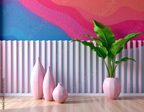 one tall and two shorter, both with geometric patterns on their bodies, these vases are in shades of pink and blue, the floor appears to be a light wood color