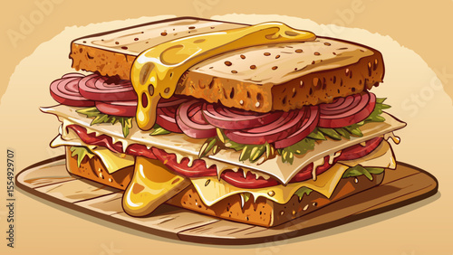 Thinly sliced corned beef, Swiss cheese, sauerkraut, and Russian dressing are grilled inside rye bread until crispy. The edges are browned and slightly oily. Melty cheese peeks out from the layers. 
