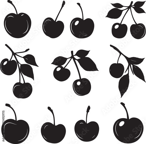 Collection of Black vector illustration of minimalist cherry varieties silhouettes