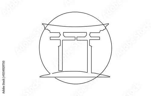 Itsukushima shrine continuous one line vector drawing. Great Torii hand drawn silhouette. Japanese  temple gate, Torii a Japanese traditional gate structure.