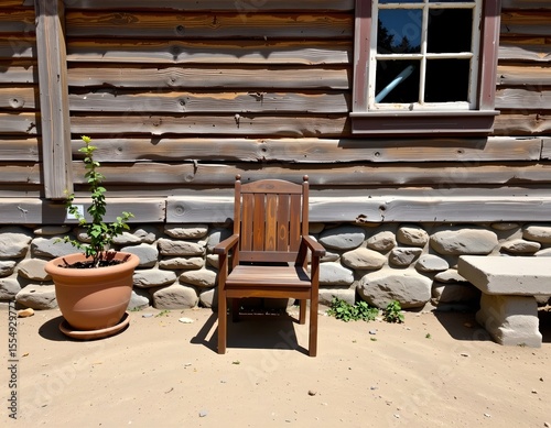 the image features a rustic wooden chair positioned against a backdrop of a weathered wooden building with a stone foundation