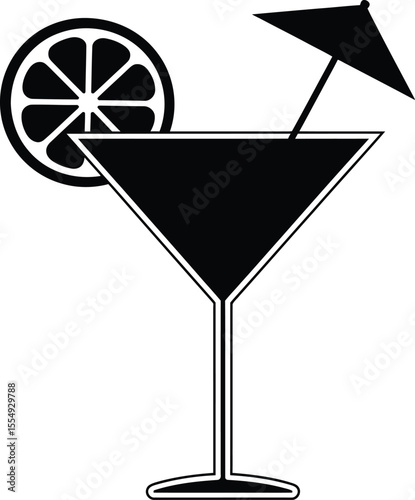 Black silhouette Cocktail Glass with Umbrella and Citrus Slice Icon

