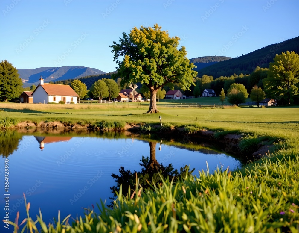 Obraz premium the image depicts a serene rural landscape, in the foreground, there is a small body of water, which appears to be a pond or lake, reflecting the clear blue sky