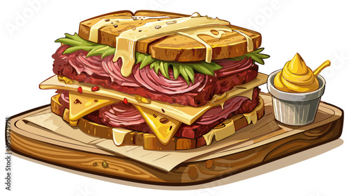 Thinly sliced corned beef, Swiss cheese, sauerkraut, and Russian dressing are grilled inside rye bread until crispy. The edges are browned and slightly oily. Melty cheese peeks out from the layers. 