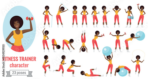 Fitness sport trainer girl poses vector illustration set. Cartoon young sportive female character in sportswear posing with dumbbells, ball, training workout in different positions isolated on white