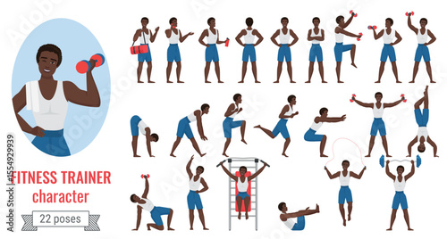 Fitness sport trainer man poses vector illustration set. Cartoon young sportive male character in sportswear holding dumbbells, posing in different exercise positions, gym workout isolated on white