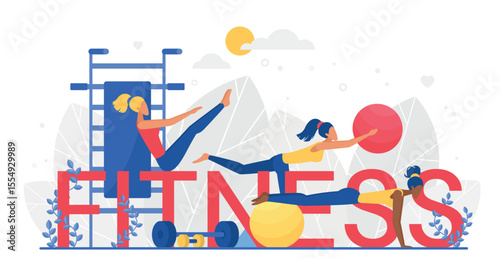 Fitness word vector illustration. Cartoon flat tiny woman characters training, doing sport exercises with ball, dumbbell equipment and big letters, sportive fitness workout concept isolated on white