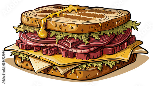 Thinly sliced corned beef, Swiss cheese, sauerkraut, and Russian dressing are grilled inside rye bread until crispy. The edges are browned and slightly oily. Melty cheese peeks out from the layers. 