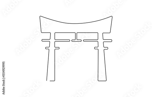 Itsukushima shrine continuous one line vector drawing. Great Torii hand drawn silhouette. Japanese  temple gate, Torii a Japanese traditional gate structure.