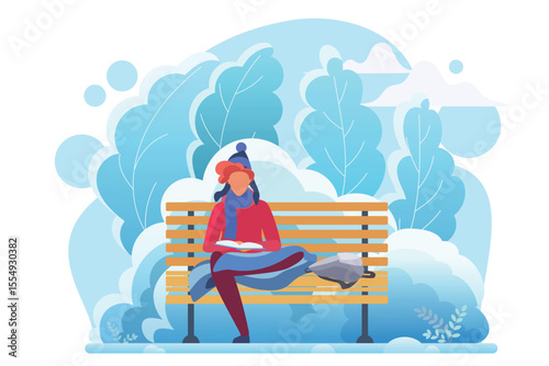 Young man reading in winter cold park flat vector illustration. Smart student studying, bookworm cartoon character. Boy sitting on bench with book. Literature hobby, intellectual recreation