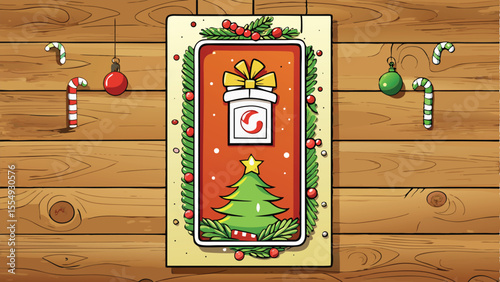 Vertical Christmas Card Wood Texture Classic Decor.